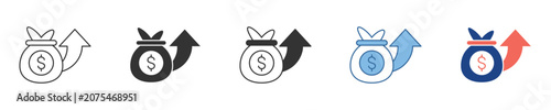 Icon pack depicting financial growth, investment gains, and profit increase. Features money bag with upward arrow for business success