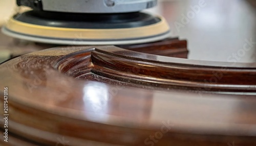 Close-up of polished curved wooden molding with workshop tools.