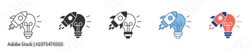 Set of innovative lightbulb and rocket launch icons illustrating rapid business growth, creative acceleration, and breakthrough startup concepts for modern digital projects