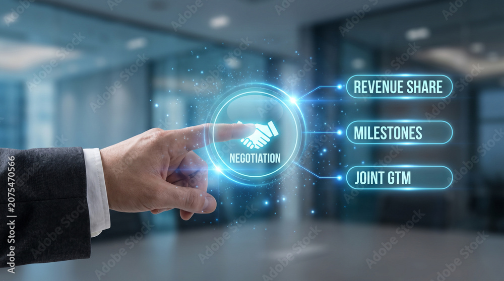 Obraz premium Professional hand touching a digital holographic interface for business negotiation and strategic partnership growth goals