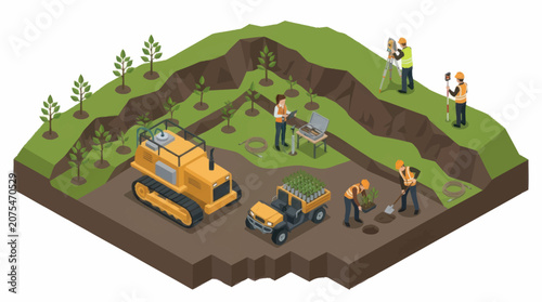 Isometric Construction Site with Workers and Heavy Machinery.