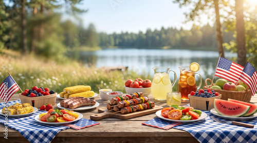 Patriotic outdoor picnic on 4th of July by serene lake with American flags and abundant food