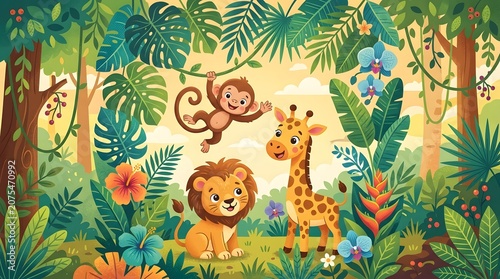 Cute cartoon jungle scene with a monkey, lion cub, and baby giraffe among lush tropical plants and colorful flowers.