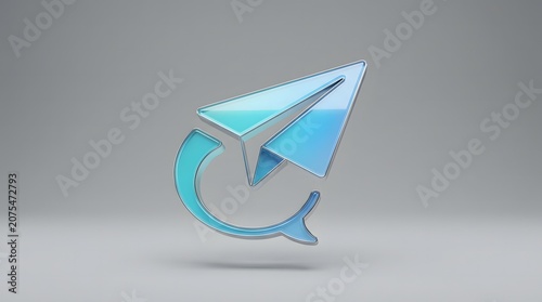 A glossy 3D rendered icon of a blue paper airplane with a curved refresh arrow on a grey background.