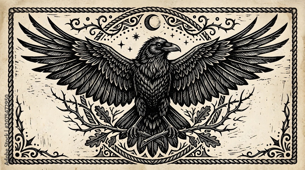 Fototapeta premium Detailed woodcut style illustration of a majestic raven with outstretched wings, perched on thorny branches under a crescent moon and stars, framed by ornate borders.