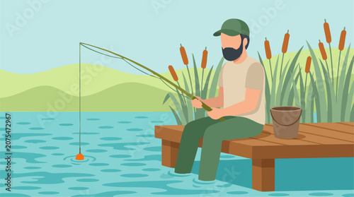 Quadro em tela Man Fishing on a Wooden Dock by the Water with Cattails and Hills