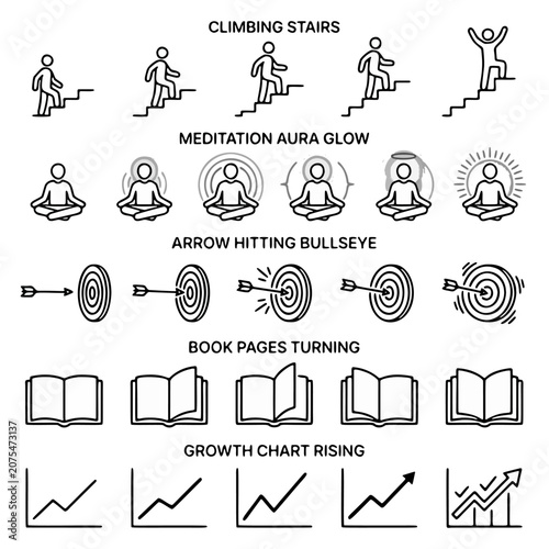 Collection of modern flat icons featuring business growth, meditation, target, books, and analytics for education and productivity concepts.