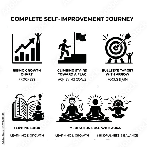 Collection of modern flat icons featuring business growth, meditation, target, books, and analytics for education and productivity concepts.