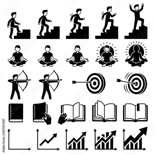 Collection of modern flat icons featuring business growth, meditation, target, books, and analytics for education and productivity concepts.