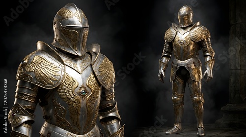 Ornate medieval fantasy armor with intricate gold and silver detailing, showcasing a full suit of knight's plate armor in a dark, dramatic setting.