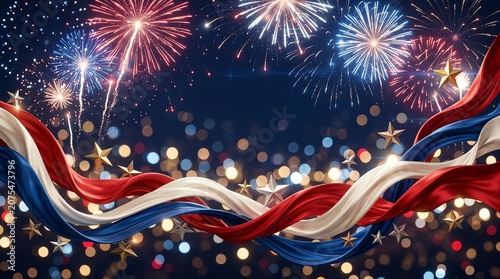 Abstract Patriotic Background With Red White And Blue Waving Fabric Ribbons And Golden Stars Against Night Sky With Fireworks And Golden Bokeh Lights Patriotic Independence day