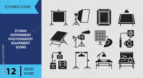 Studio Experiment Photography Equipment Solid Icon Set Featuring Essential Professional Gear Symbols