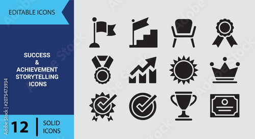 Success And Achievement Storytelling Solid Icon Set Commemorating Milestones Goals And Winning Moments