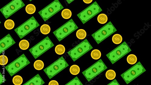Money background animation with flying dollar bills and gold coins