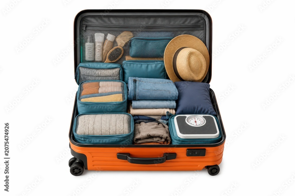 Fototapeta premium Overpacked travel kit, vacation preparation collection, isolated on white background