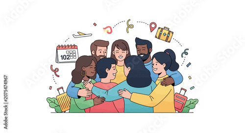 Diverse group of happy friends laughing.