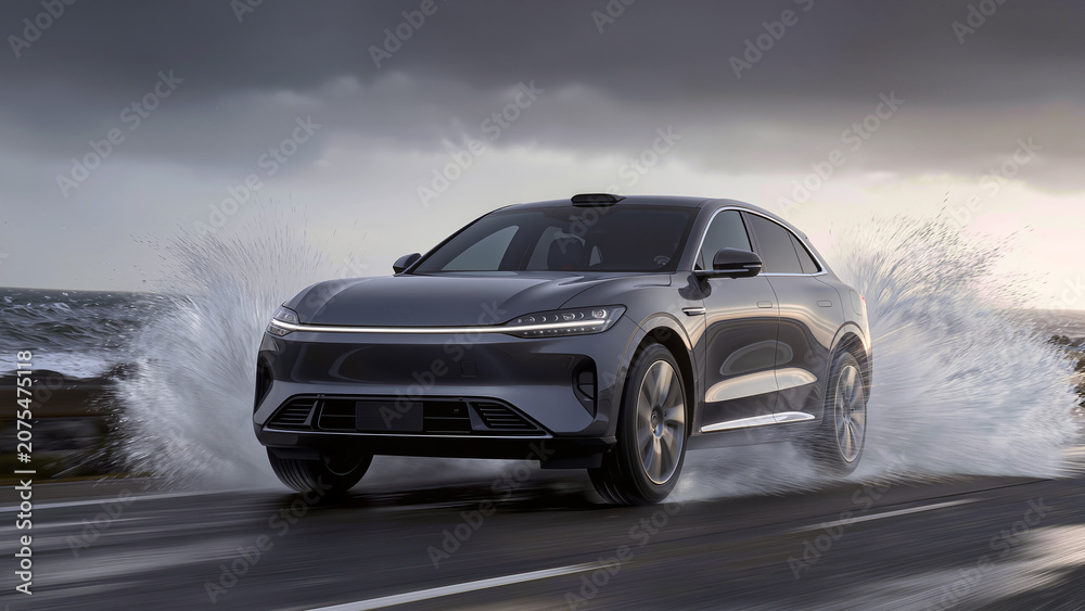 Naklejka premium Luxury SUV Driving Fast Kicking Up Water Spray On Wet Asphalt