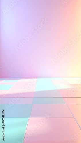 Corner of pastel tiled room with soft colorful lighting.