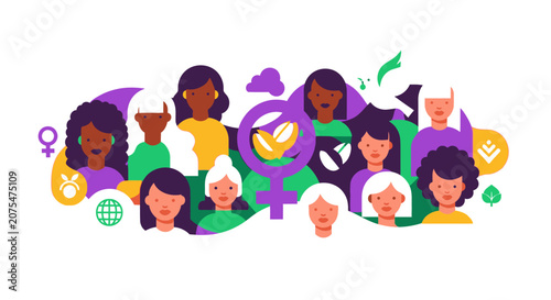 Diverse group of women faces illustration.