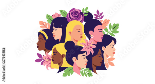 Diverse women with flowers in hair.