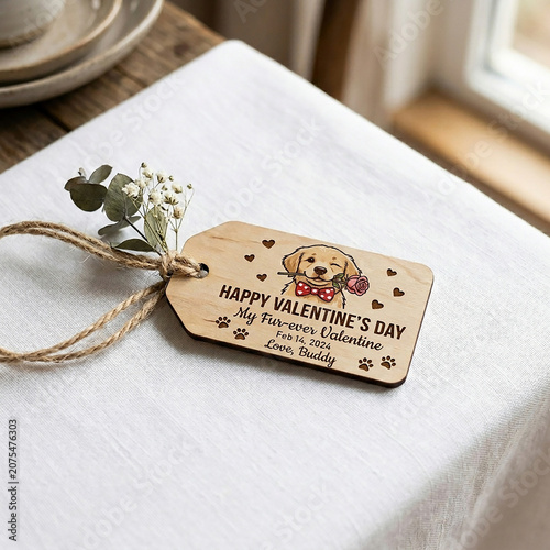 Handwritten Valentine's Day gift tag with floral twine on wooden surface close up