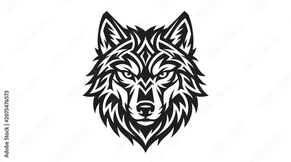 Fototapeta premium Stylized Wolf Head Tattoo Design, Tribal Animal Art, Black and White