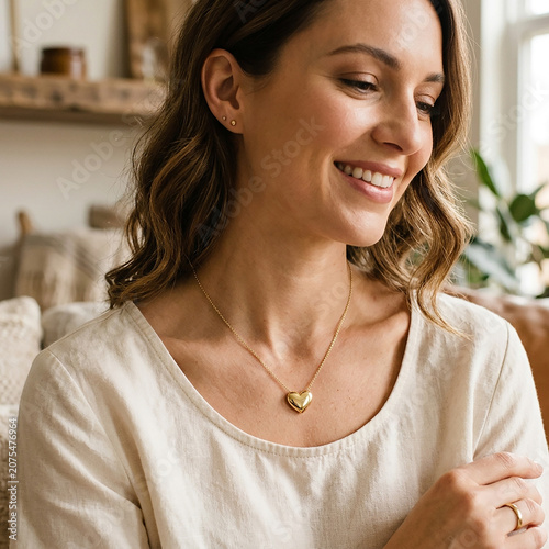 Woman Smiling Wearing Gold Heart Pendant in Cozy Indoor Setting