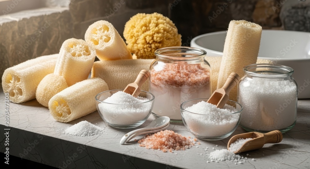 Fototapeta premium Cauliflower and Seasonings Displayed on Kitchen Countertop