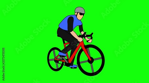 2D animation of a cyclist riding a red bike on a green screen background