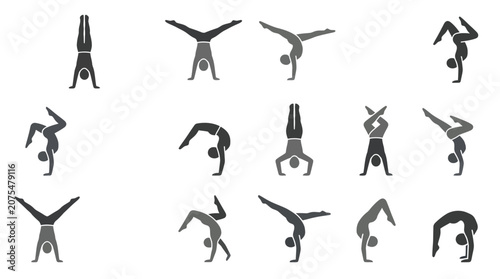 Silhouette of people doing gymnastics poses.