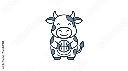 Smiling cow holding a basketball.