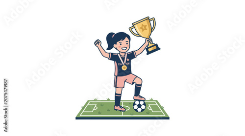 Soccer player holding trophy cup high.