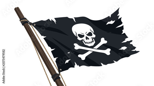 Foto Tattered pirate flag with skull crossbones on wooden pole perfect for piratethemed designs, nautical projects, or halloween decor