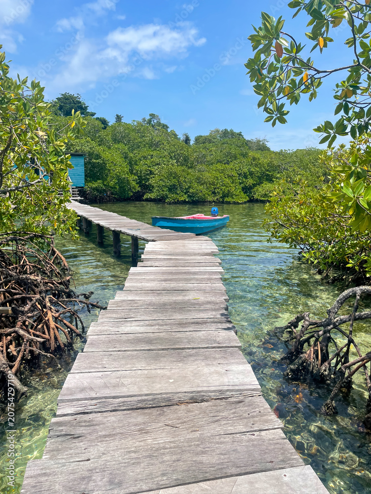 Fototapeta premium Small boat floats beside a weathered wooden pier in a calm lagoon surrounded by lush mangroves in Bocas del Toro, Panama