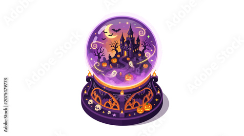 Purple crystal ball suitable for halloween designs featuring a haunted castle, moon, bats, ghosts, pumpkins, skulls, and stand. Ideal for spookythemed projects.