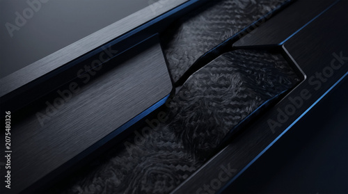 Abstract dark brushed metal and carbon fiber geometric texture background with subtle blue highlights