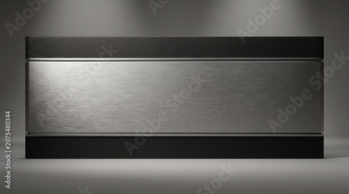 Hyper-realistic blank brushed steel plaque mockup on dark carbon fiber background