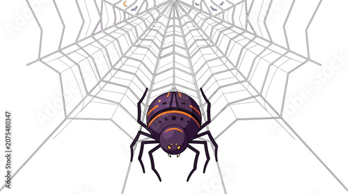 Bild auf Leinwand Purple striped arachnid with dark legs on geometric silk web against white background