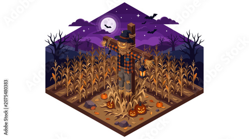 Photography Spooky halloween scene with scarecrow in cornfield at night, featuring pumpkins, full moon, bats, and dark purple hues