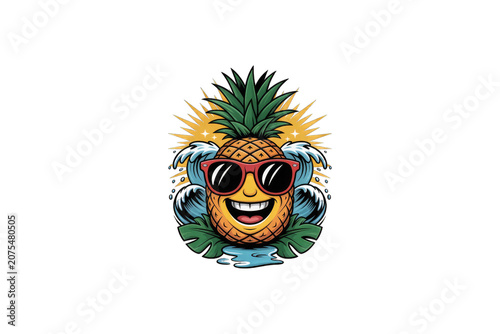 Smiling Pineapple Wearing Sunglasses with Tropical Leaves on transparent background.