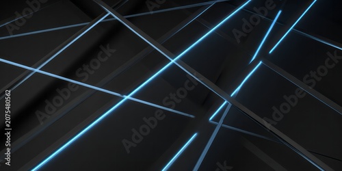Abstract dark background with glowing blue geometric lines.