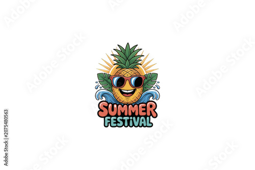 Smiling Pineapple Wearing Sunglasses with Tropical Leaves on transparent background.