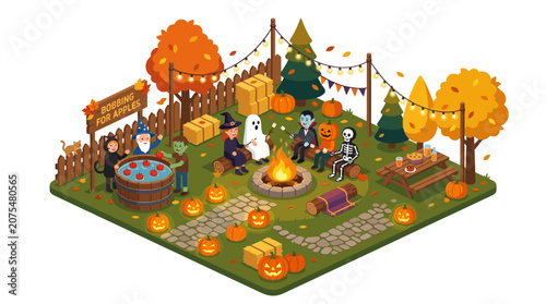 Fotografija Masquerade in halloween attire amidst the rustling leaves, glowing bonfire, and pumpkins in a vibrant autumn forest setting
