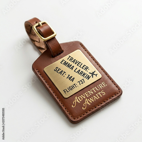 Vintage Leather Luggage Tag with Embossed Travel Details Close Up