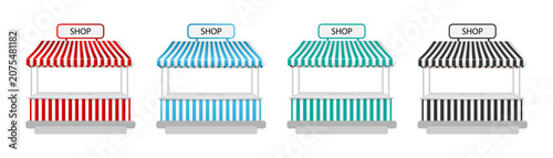 Bild auf Leinwand Set of four colorful market stalls or street shops with striped awnings in different color themes