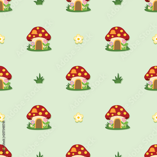 Cute Mushroom House Seamless Pattern with Flowers and Grass, Fairy Cottage Fantasy Background
