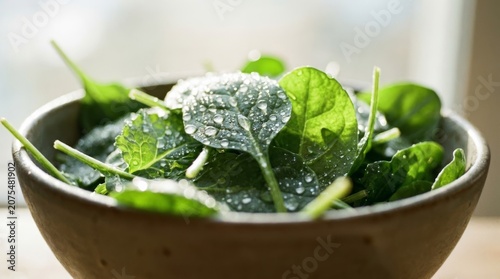 Macro closeup of vibrant spinach leaves covered in sparkling water droplets on wood