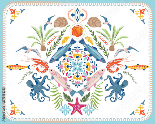 Cute vector summer cards with sea animals, palm tree, shell. Bright colorful poster.