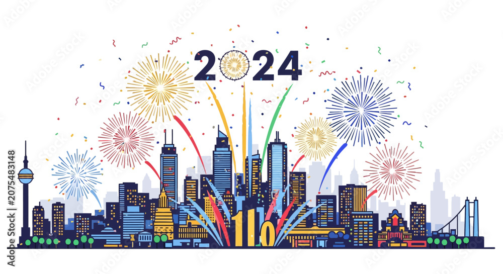 Obraz premium New Year Celebration City Skyline Fireworks.