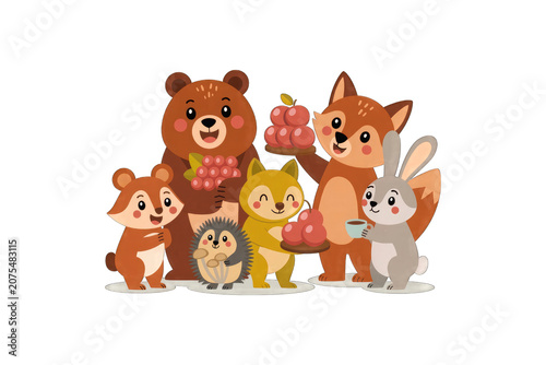 Group of cartoon forest animals standing together happily.